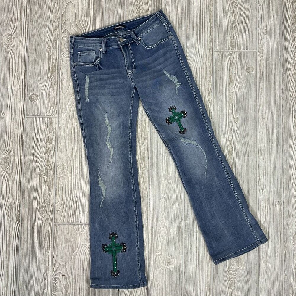 Flamingo Jeans Womens Small Distressed Bootcut Cross Patch Rhinestone Y2K